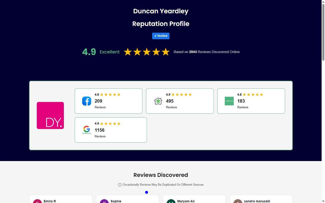 Duncan Yeardley Verify Trusted reputation profile — 4.9 / 5 from 2,043 reviews across Google, Facebook, Trustpilot and AllAgents